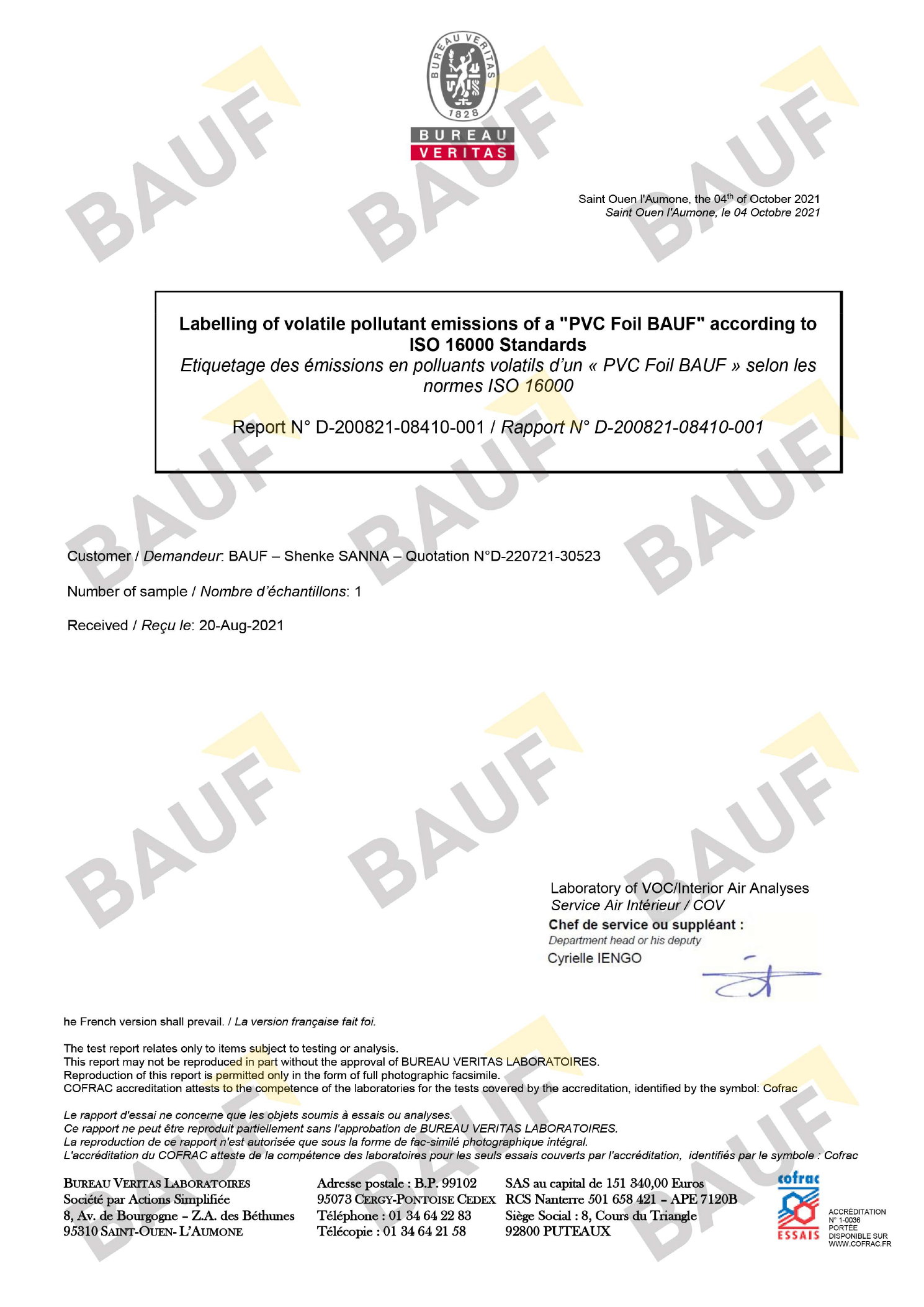 BAUF — Протокол испытаний VOC — класс A+ Протокол Bureau Veritas на ПВХ-плёнку BAUF с классом выбросов A+, выдан 4 октября 2021 года