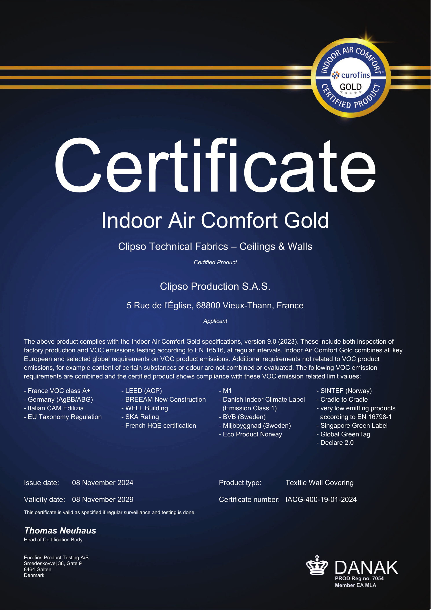 CLIPSO — Indoor Air Comfort Gold Сертификат CLIPSO Indoor Air Comfort Gold IACG-400-19-01-2024, действует до 8 ноября 2029 года